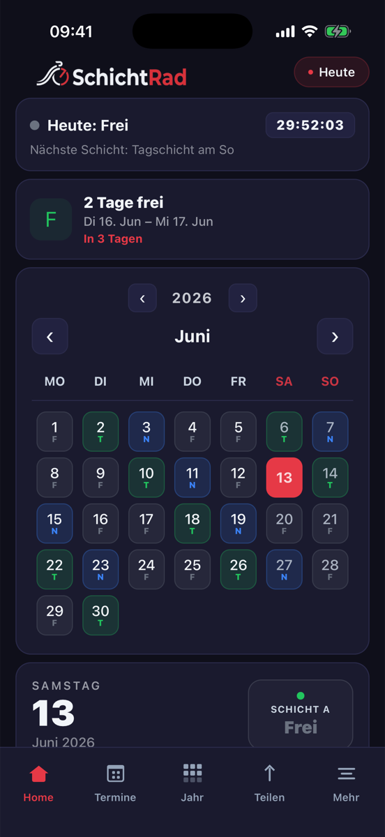 SchichtRad Startseite mit Countdown und Monatskalender